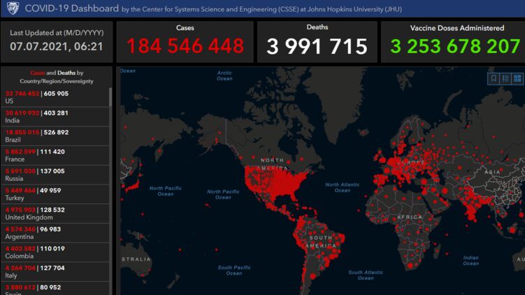 По данным на 7 июля, число зараженных на Земле перевалило за 184 миллиона, фото: arcgis.com
