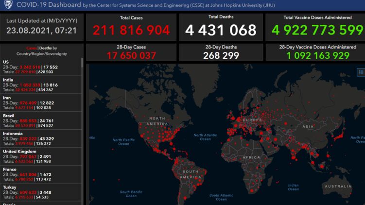 По данным на 23 августа на планете почти 212 миллионов зараженных. Фото: arcgis.com