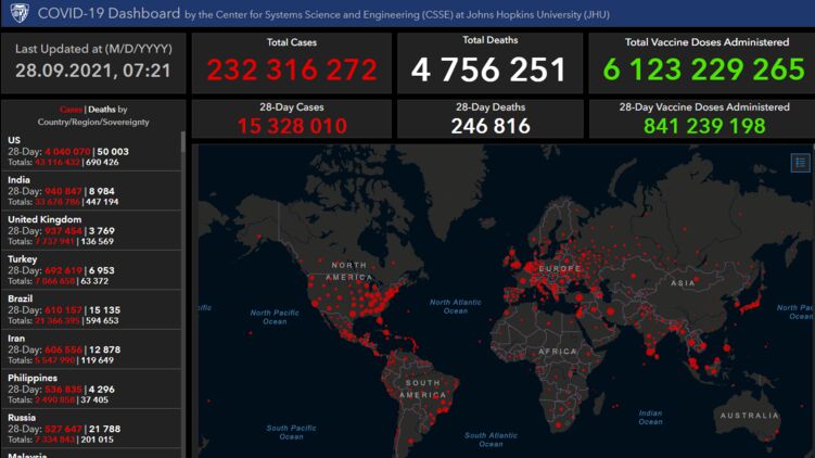По данным на утро 28 сентября число зараженных на Земле перевалило за 232 миллиона, фото arcgis.com