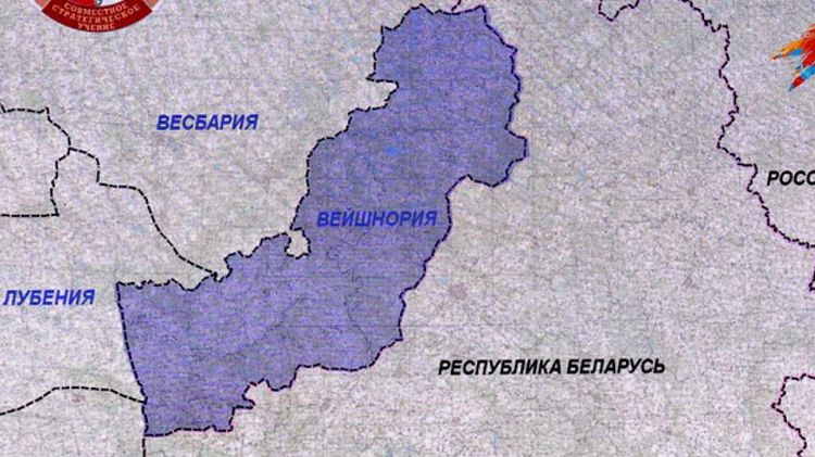 Красным обозначена Вейшнория - вымышленный сепаратистский анклав, с которым "воюет" Беларусь